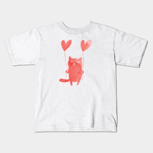 Cute red kitten with heart balloons Kids T-Shirt by iulistration
